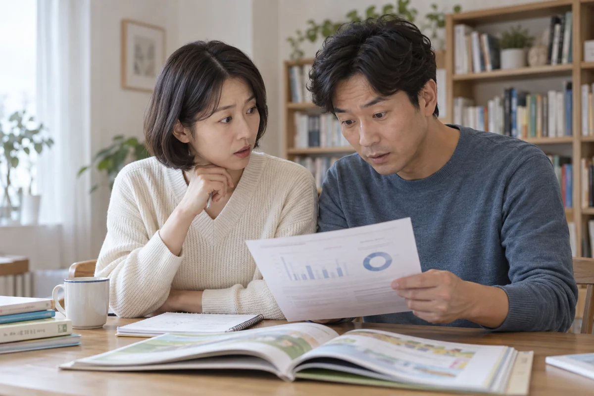 아이의 읽기 결과를 함께 살펴보며 예상과 다른 내용에 놀라는 부모의 모습을 표현한 AI 이미지