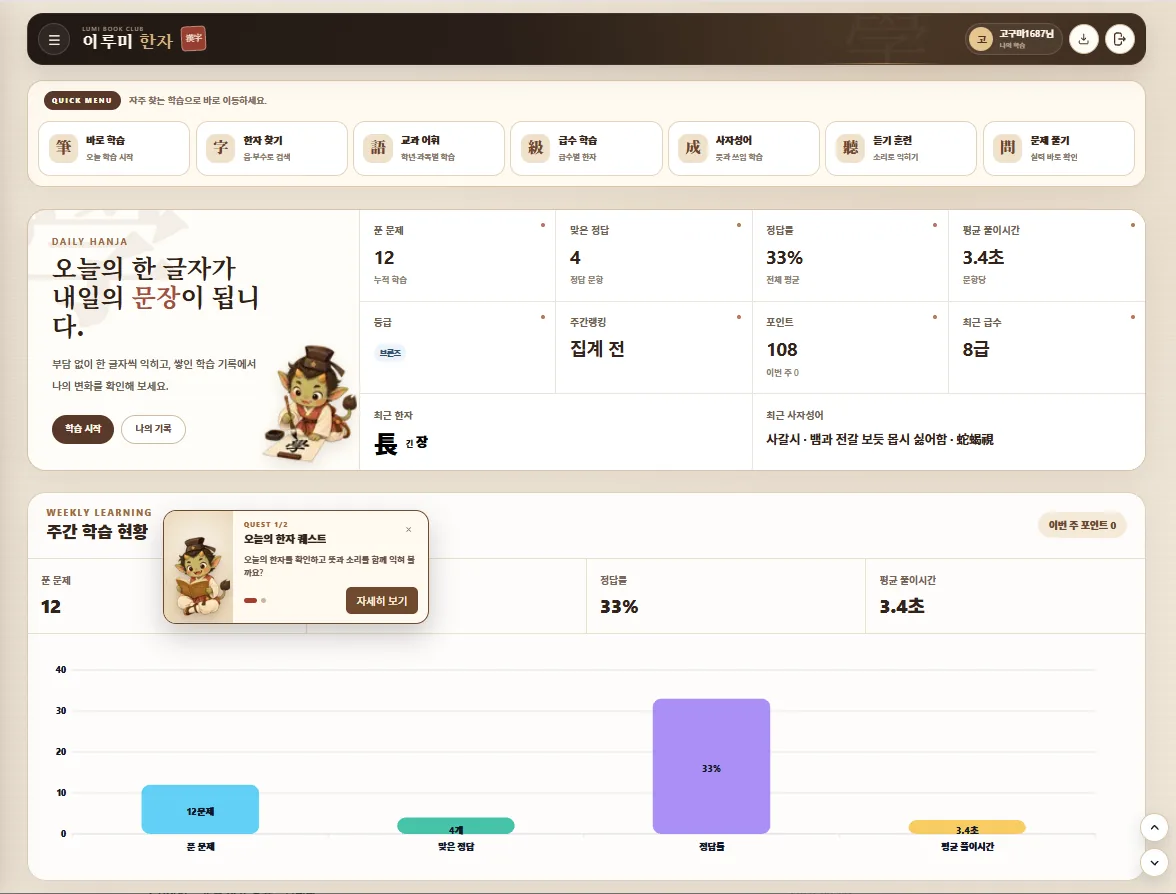 이루미 한자의 주간 학습 현황 화면
